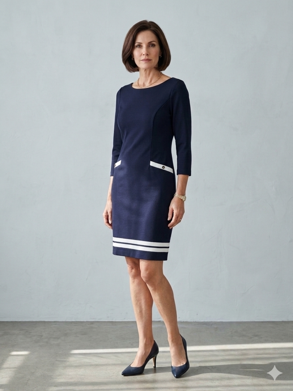 Talbots Navy Blue Sheath Dress With White Trim